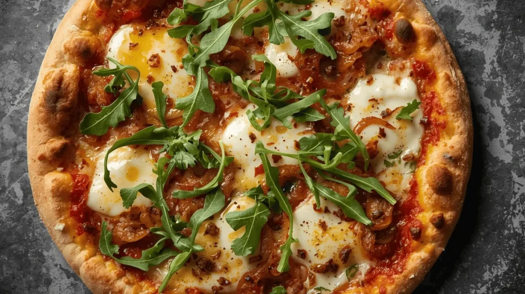Freshly baked Italian pizza topped with melted Masgonzola cheese, caramelized onions, and arugula on a crispy golden crust.