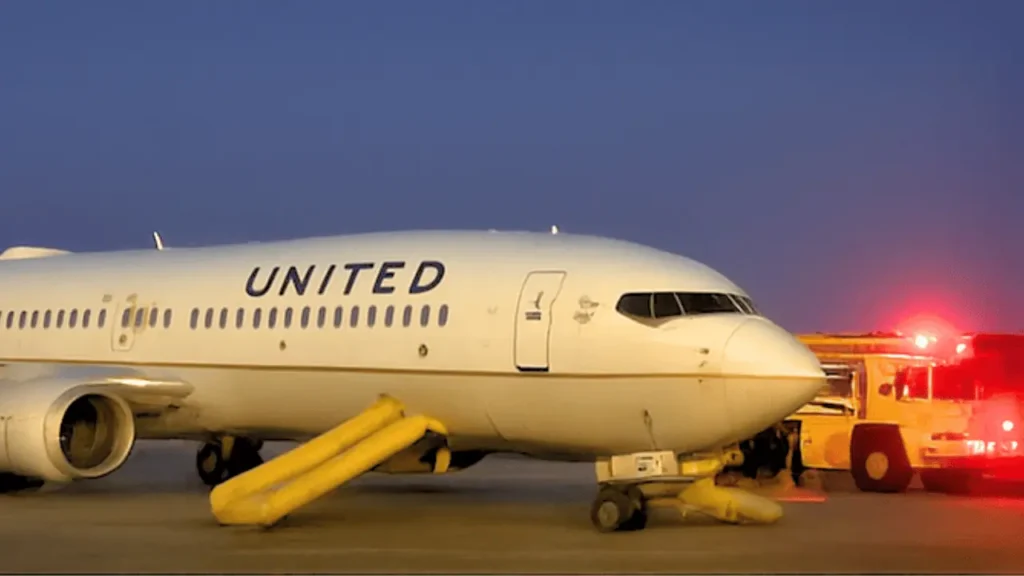 United Airlines aircraft at Charleston International Airport with emergency slides deployed and fire trucks responding to a mechanical issue in June 2025.