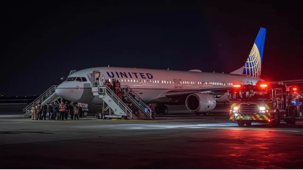 United Airlines Charleston Mechanical Issue: Passenger Panic, Crew Response & What Really Happened Detailed Report. United Airlines aircraft at Charleston International Airport with emergency slides deployed and fire trucks responding to a mechanical issue in June 2025