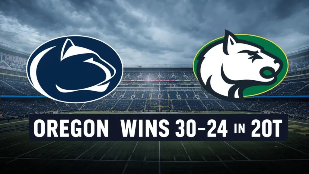 Final score graphic showing Oregon Ducks defeating Penn State Nittany Lions 30–24 in double overtime.
