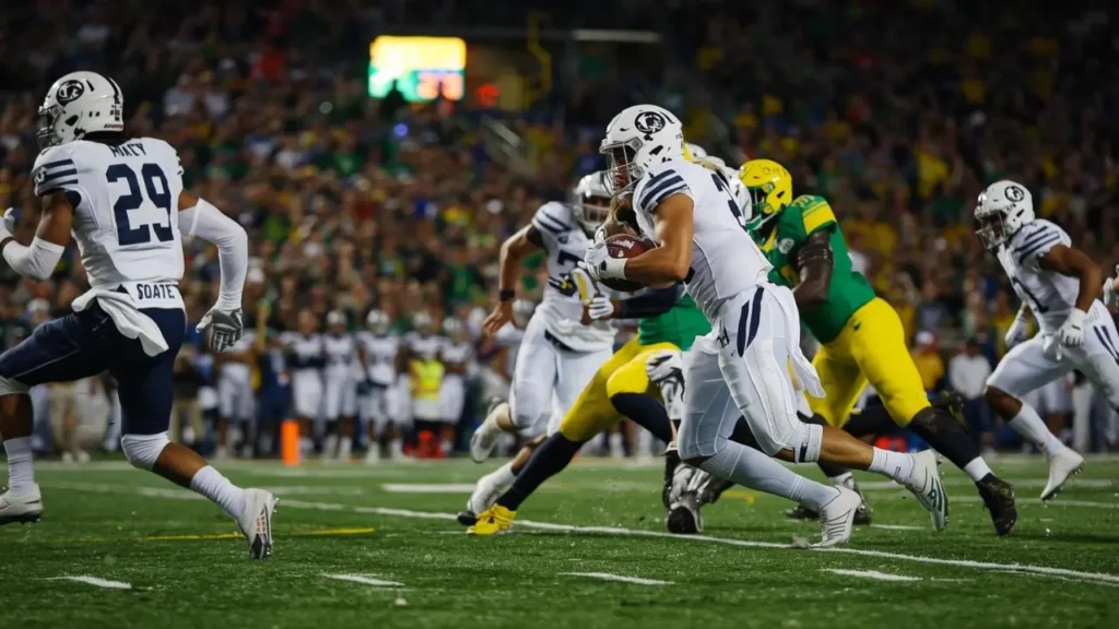 What Was the Penn State Football Score vs Oregon? 2OT Shocking Moments & Thriller Explained High-energy action photo of Penn State football vs Oregon game 2025 with players in motion under dramatic stadium lights.