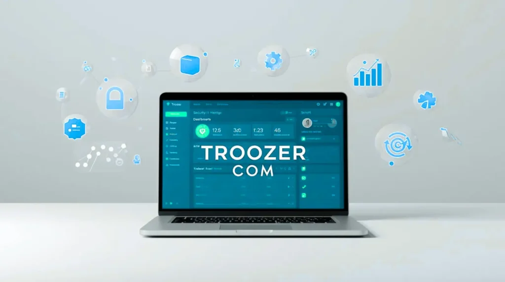 Troozer Com Explained: Its features, login, pros & cons, and honest review complete guide. Troozer Com dashboard on laptop with security, analytics, and settings icons