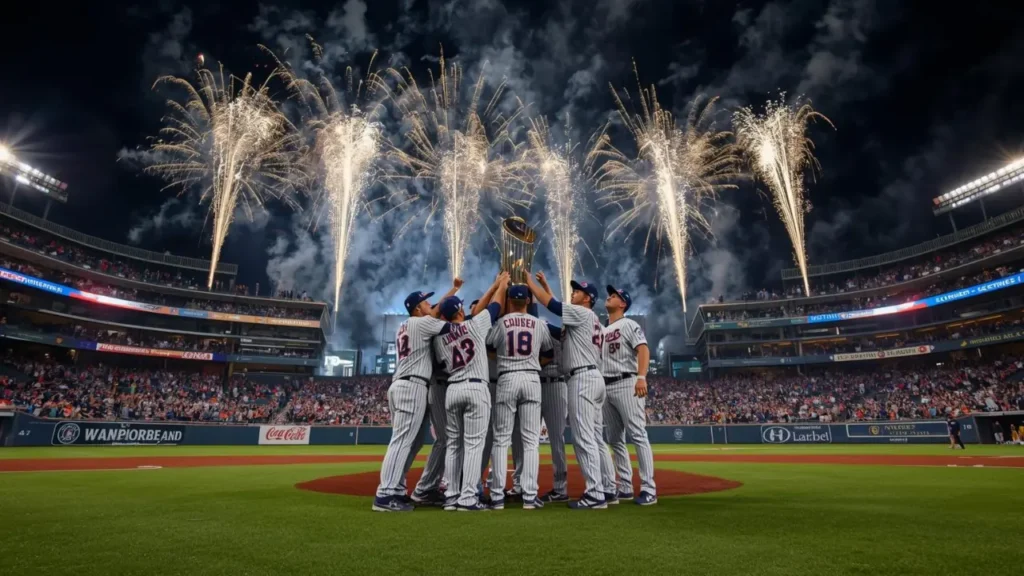 Baseball team celebrates after winning the 2025 World Series under stadium lights.
