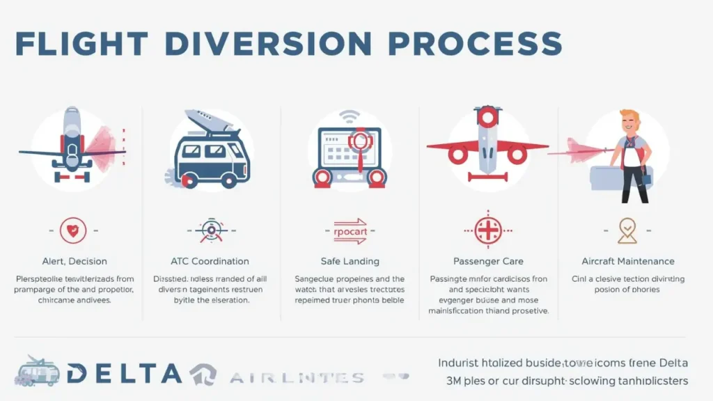 Infographic showing the Delta Flight DL275 Diverted LAX process from alert to safe landing