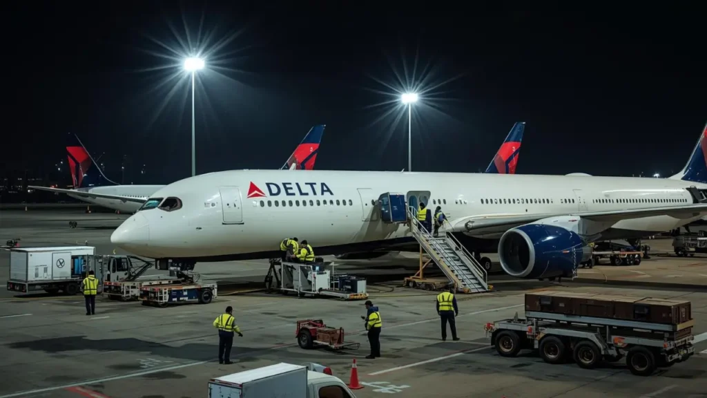 Ground crew inspecting Delta Flight DL275 Diverted LAX under floodlights
