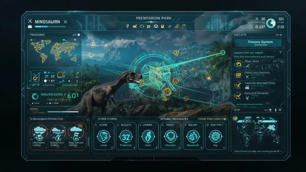 Jurassic World Evolution 3 park management interface concept with dynamic weather and dinosaur systems