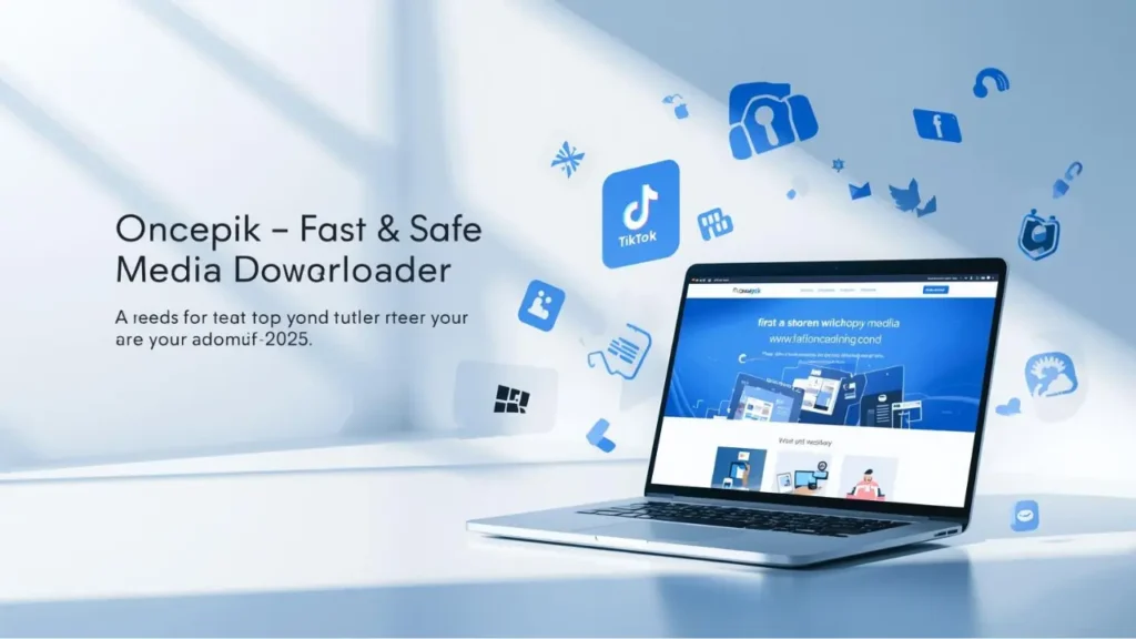 Oncepik website on laptop showing fast and safe media downloader interface for Instagram and TikTok
