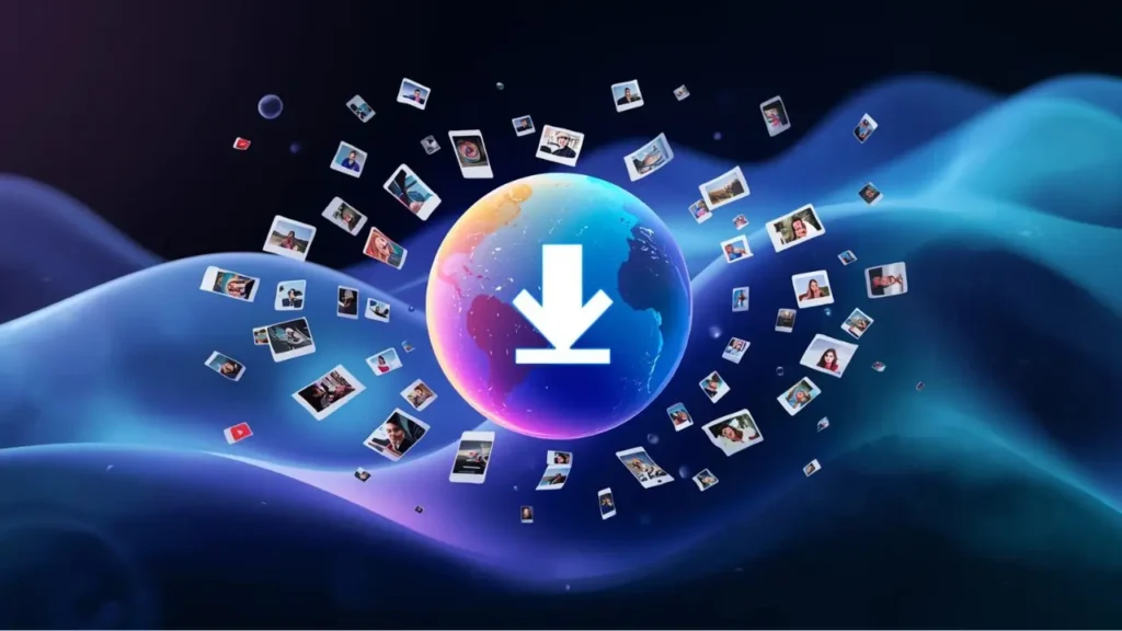 3D illustration of Oncepik global downloader concept with photos and videos floating around a digital globe.