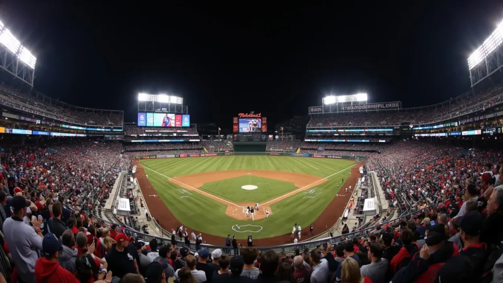 Packed stadium full of cheering fans during the 2025 World Series night game, as excitement builds around who won the 2025 World Series.