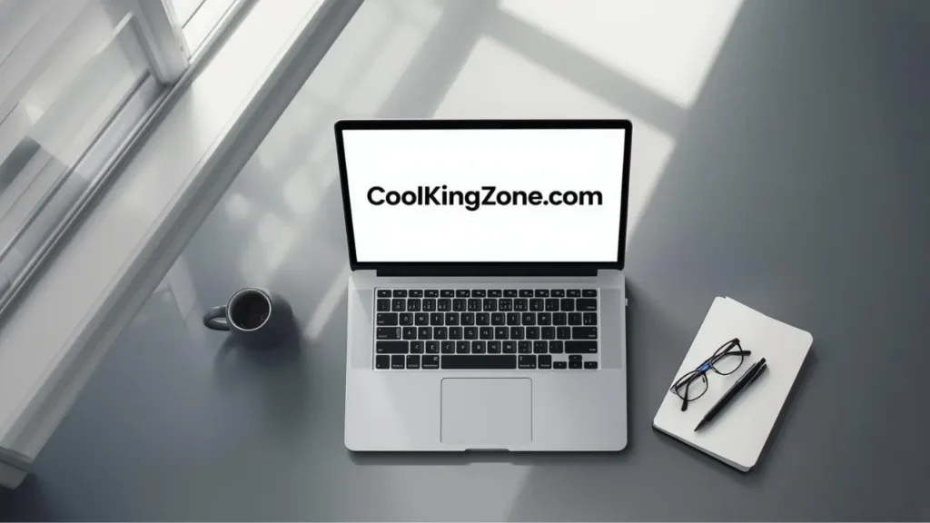Discover the truth behind CoolKingZone com — the bold platform reshaping journalism with honesty, creativity, and reader-first storytelling. Modern workspace flat lay with laptop displaying CoolKingZone com on screen, surrounded by coffee cup, glasses, and notebook on gray desk.
