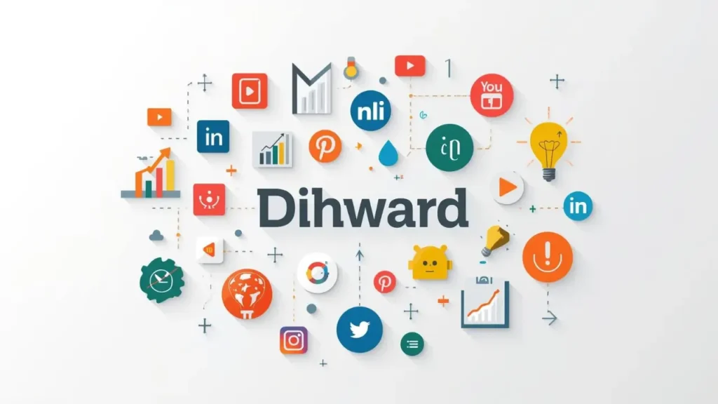 Flat design infographic showing Dihward in bold letters at the center with icons of social media, growth charts, and lightbulb ideas.