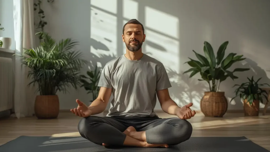 A calm man meditating in a bright room, symbolizing the Prostavive Colibrim lifestyle — supporting stress relief, hormone balance, and prostate health.