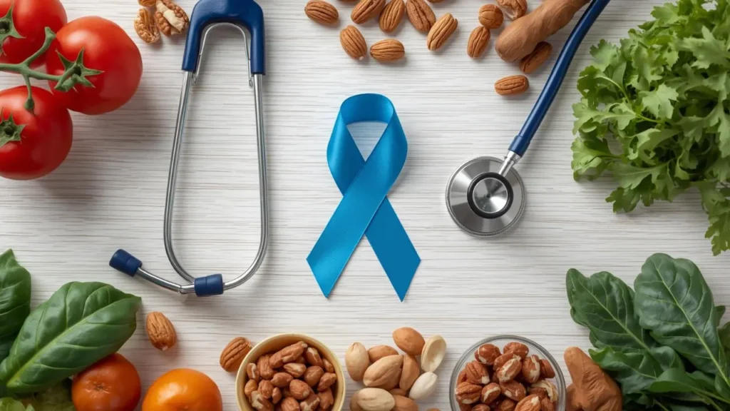 Prostavive Colibrim concept image showing blue Prostavive Colibrim Men’s Health Concept with Healthy Foods