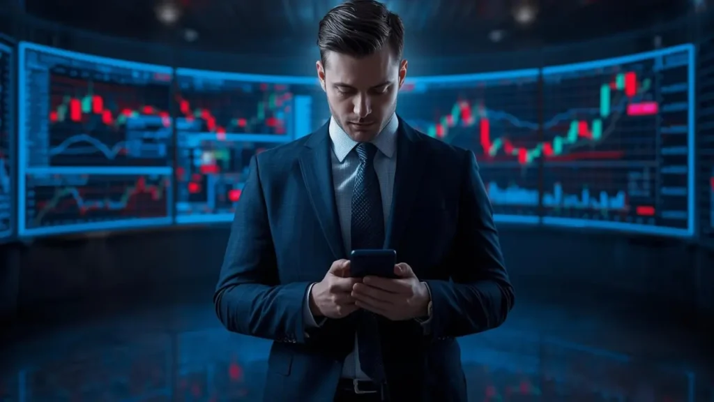 Businessperson analyzing live trading data on smartphone — symbolizing online broker platforms like MyFastBroker.com.