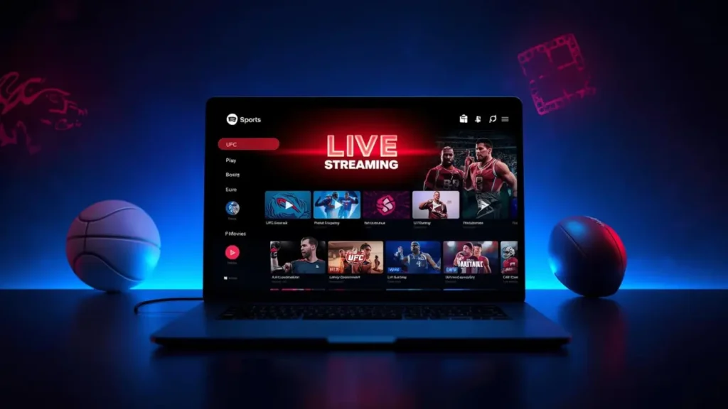 Discover how Crackstreams works, plus secure ways to stream UFC and NBA without risks. A complete guide with safe Feature image showing a modern sports streaming dashboard with UFC, NBA, NFL and movie icons representing Crackstreams live streaming guide.