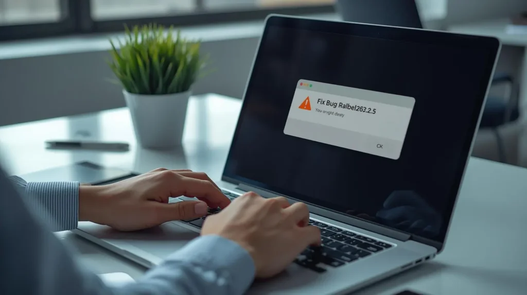 Professional tech support scene showing a laptop with Fix Bug Ralbel28.2.5 error message and warning icon during software troubleshooting