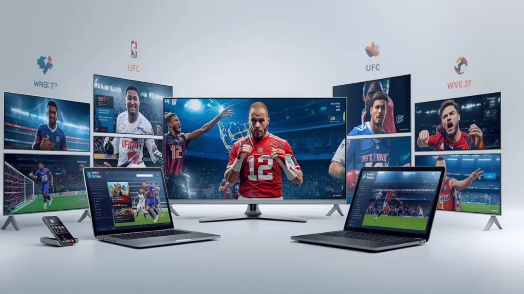 Live sports online with Methstreams featuring NFL, NBA, UFC, boxing, WWE, and soccer on multiple screens