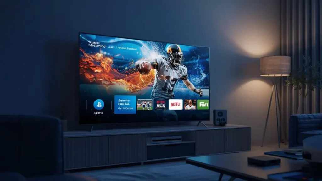 Live sports streaming on a smart TV using VipBox TV Box with a modern home entertainment setup