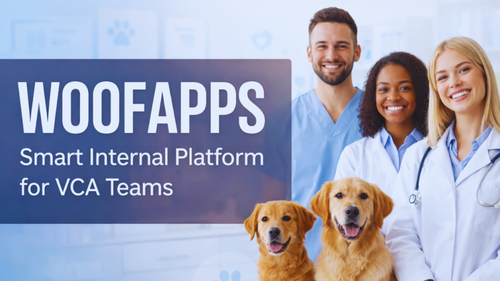 Veterinary professionals using WOOFAPPS smart internal platform with dogs in a modern veterinary clinic