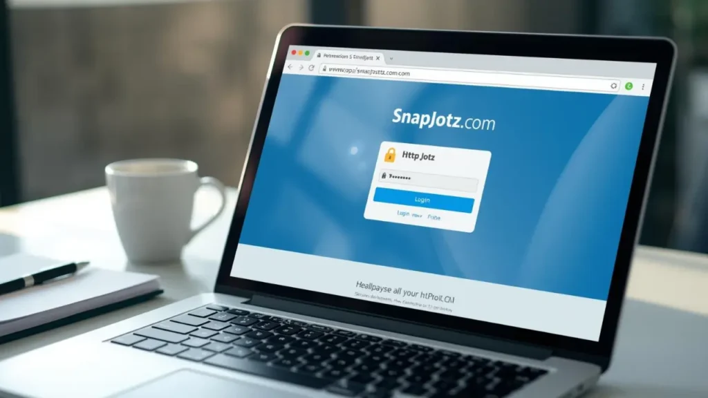 SnapJotz com website login page displayed on laptop showing secure HTTPS connection and user account interface