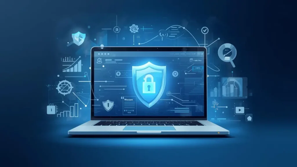 Professional illustration of SparkPressFusion.com on a laptop screen with secure icons, charts, and digital interface representing trust and usability